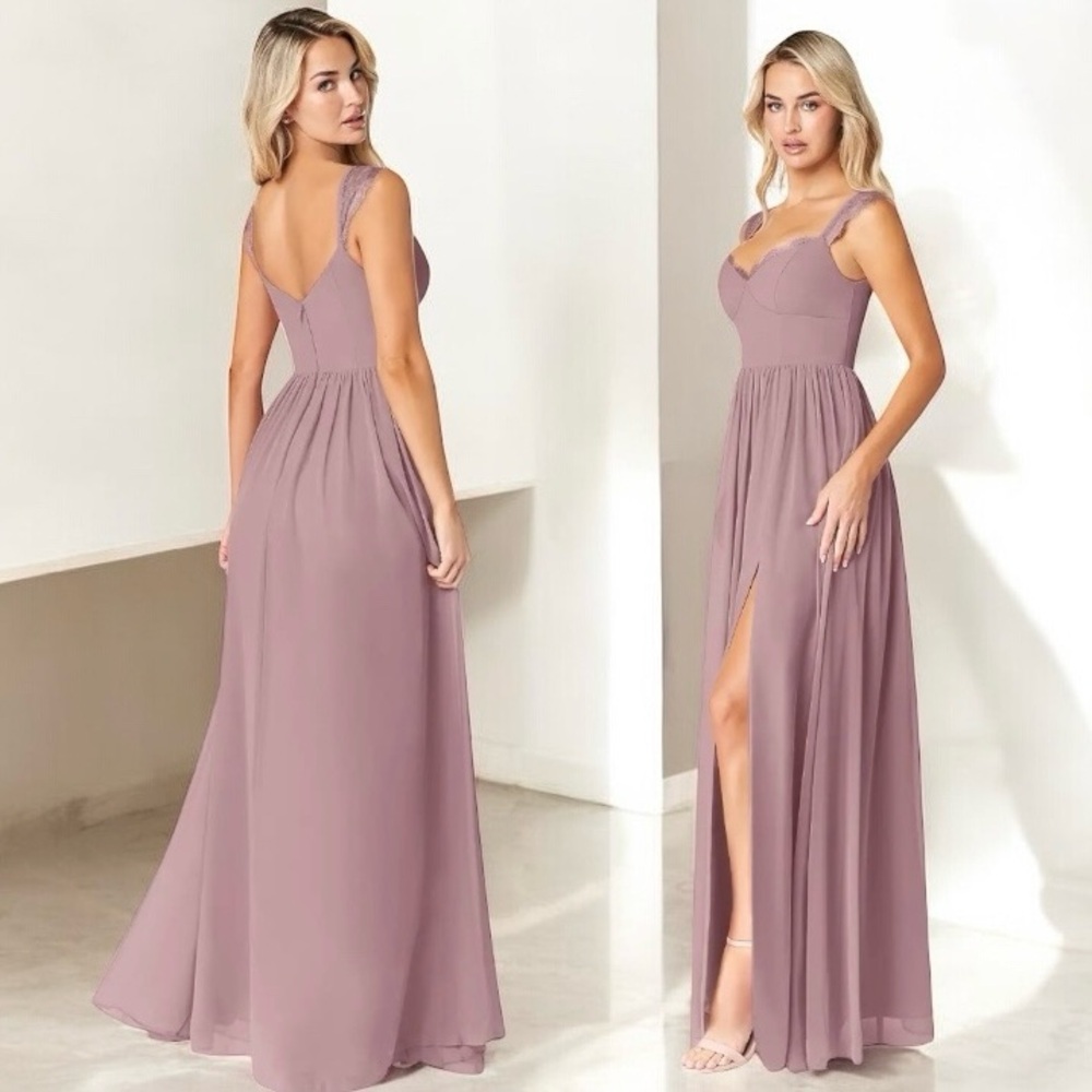 AZAZIE Cleobella A-Line Sweetheart Lace Chiffon Dress Maxi 10 Dusty Rose Blush - Picture 3 of 15